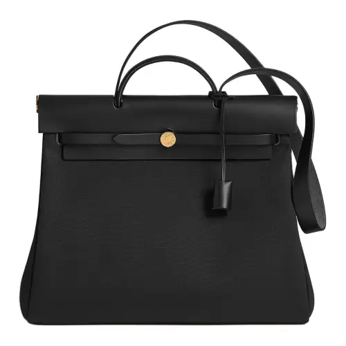 HERMES Herbag Zip Militaire Canvas With Hunter Cow Leather Shoulder Bag, Crossbody Bag, Handbag 39 Unisex Black