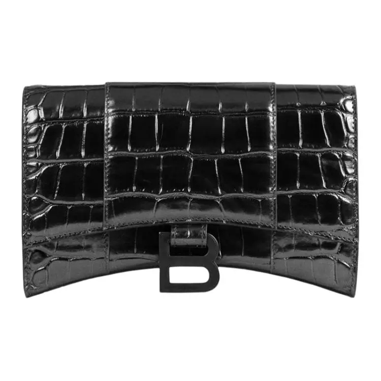 Balenciaga Hourglass Crocodile-Embossed Calfskin Wallet Crossbody Shoulder Bags Mini Women's Black