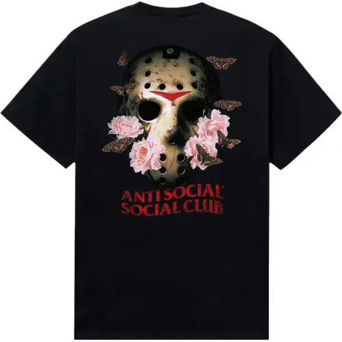 ANTI SOCIAL SOCIAL CLUB No More Sleep FW25 mask flower pattern print on the back of the left chest letters, comfortable and loose short-sleeved T-shirt, same style for men and women