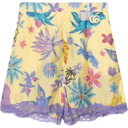 GUCCI Floral Print Lace Shorts Bright Yellow