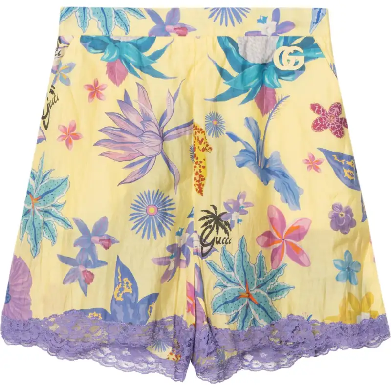 GUCCI Floral Print Lace Shorts Bright Yellow