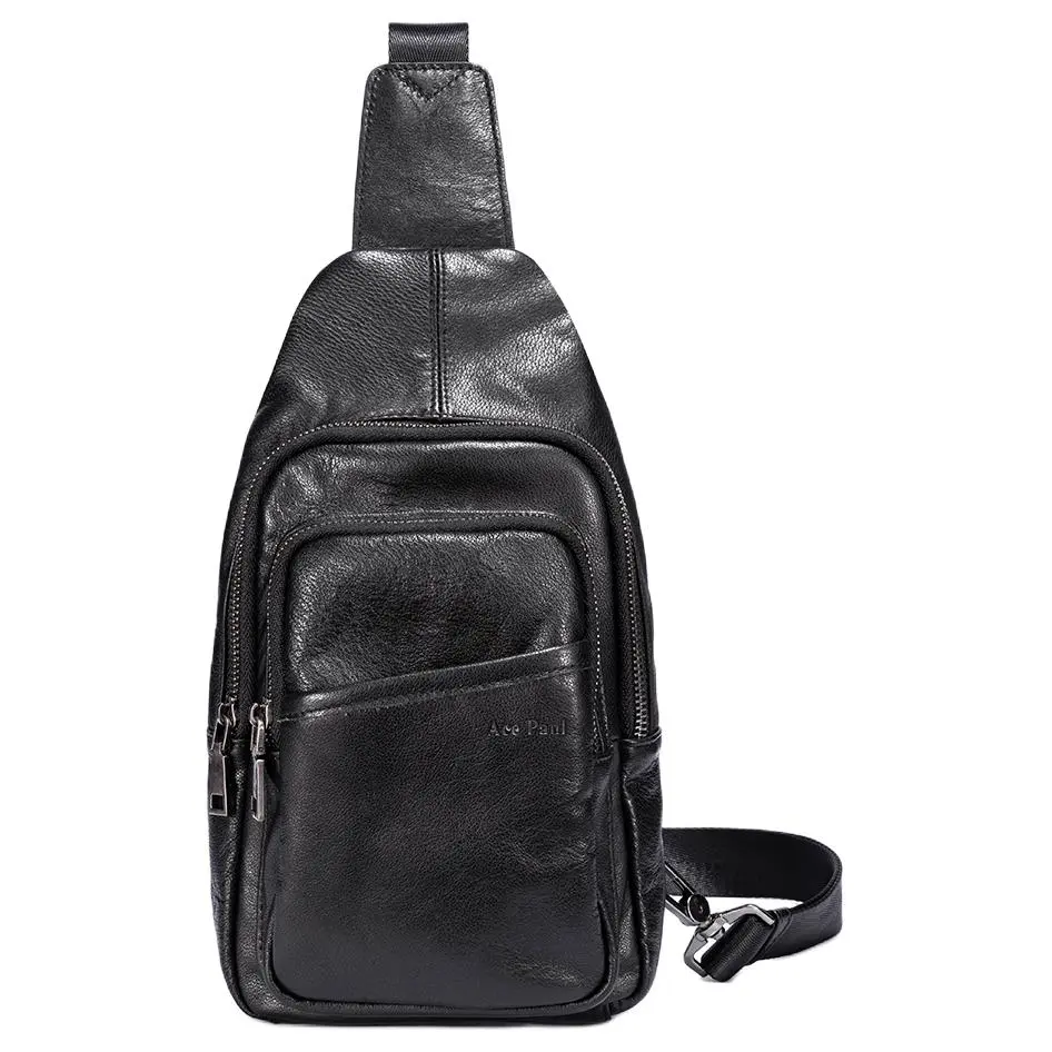 Ace Paul Top Grain Cow Leather Sling Bag Medium Unisex Black