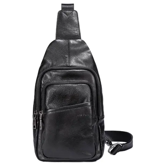 Ace Paul Top Grain Cow Leather Sling Bag Medium Unisex Black