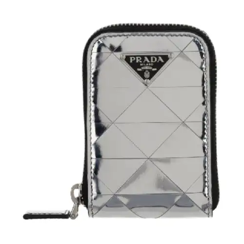PRADA Shiny Leather Coin Purse Men's Silver