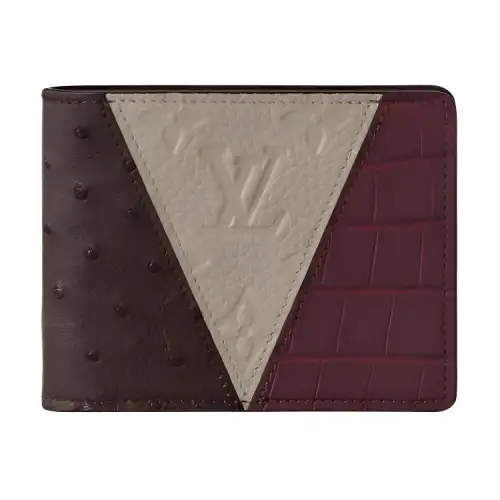 LOUIS VUITTON Multiple Crocodile Leather With Canvas And Ostrich Leather Wallet Men's Burgundy & Beige & Brown