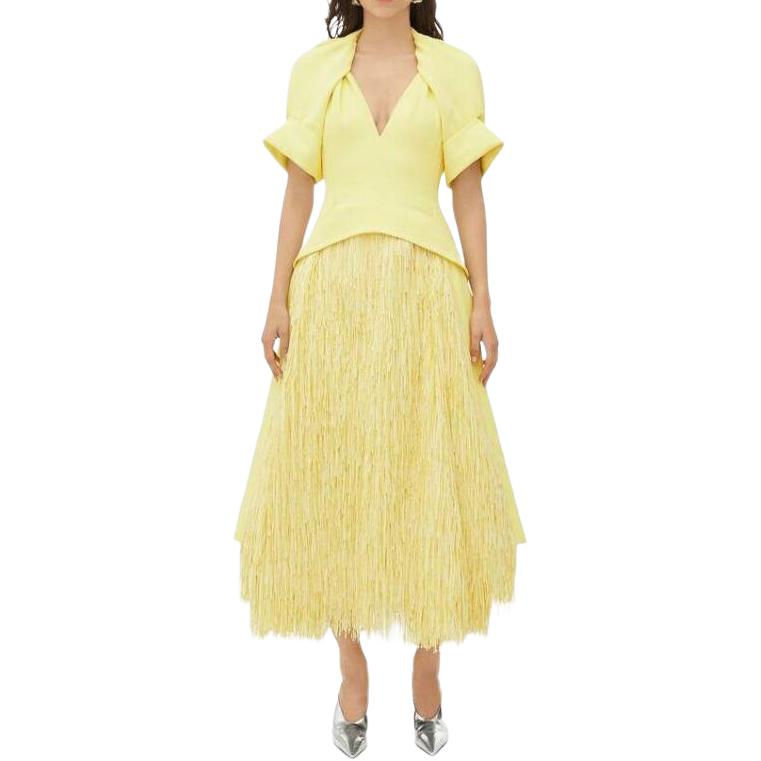 Bottega Veneta Fluid Viscose And Linen Midi Kleider Damen Zitrone Short Sleeved Dress Women's Yellow