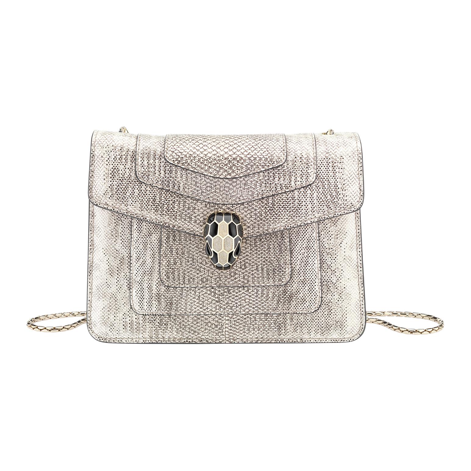 BVLGARI Serpenti Forever Karung Water Snake Skin Shoulder Bag, Crossbody Bag Women's White