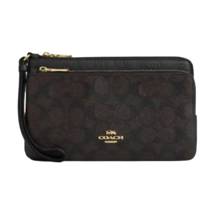 COACH Double Zip Wallet Coated Canvas With Leather Wallet Regular Women's Black