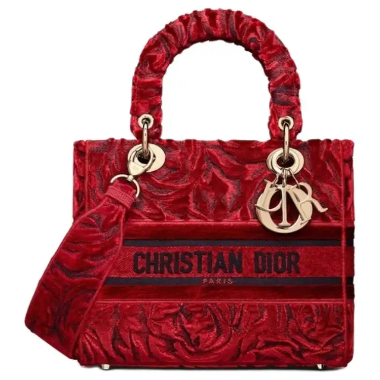 DIOR Lady D Lite Velvet Handbag Medium Women's Red