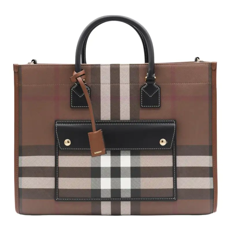 Burberry Plaid With Calfskin Handbag Women's Dark Birch Brown