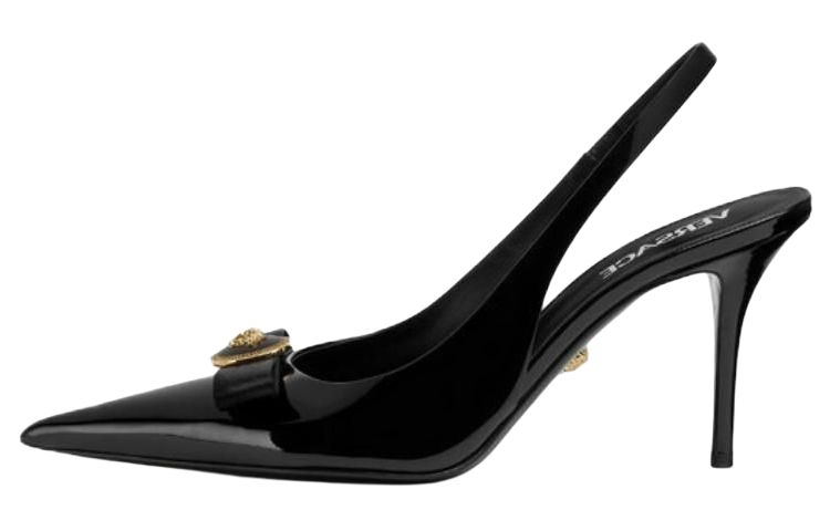 VERSACE Gianni Ribbon кожаный кожа бантики Морской узел металлический Новый с застежкой Украшение на высоком каблуке Туфли 8,5 см женский черный