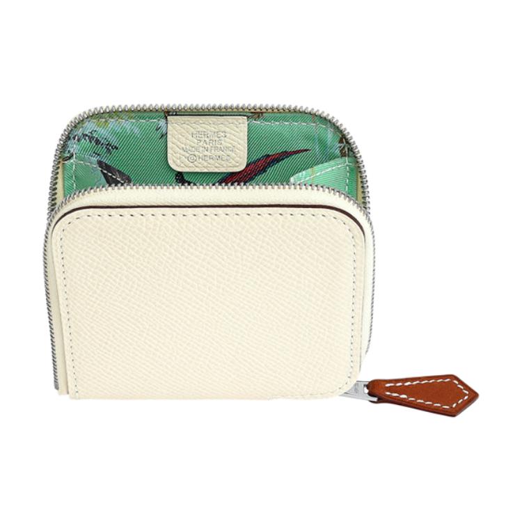 HERMES Silk'In Epsom Calfskin Silk Lining Coin Purse Women's White