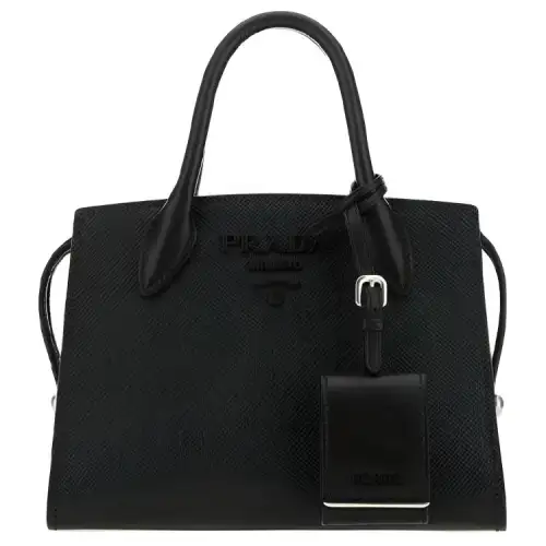 PRADA Luggage Collection Logo Leather Handbag Unisex Black