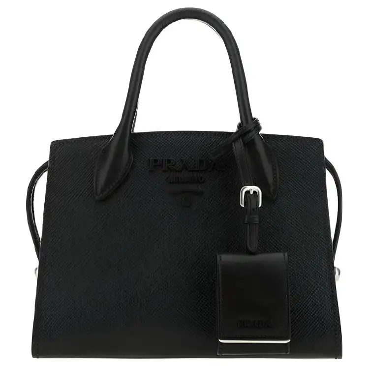 PRADA Luggage Collection Logo Leather Handbag Unisex Black