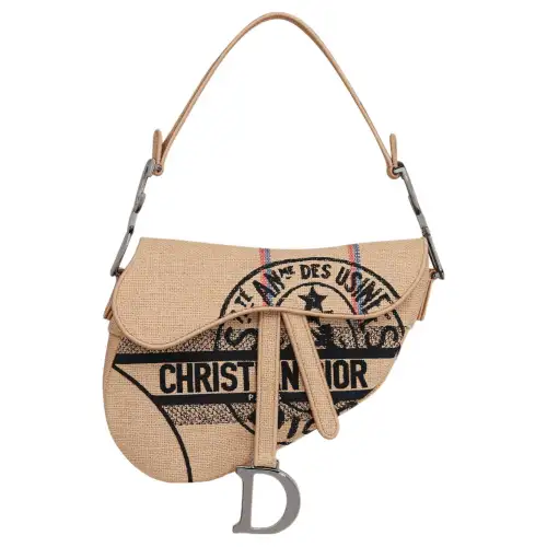 DIOR Saddle Hemp Canvas Shoulder Bag Unisex Beige