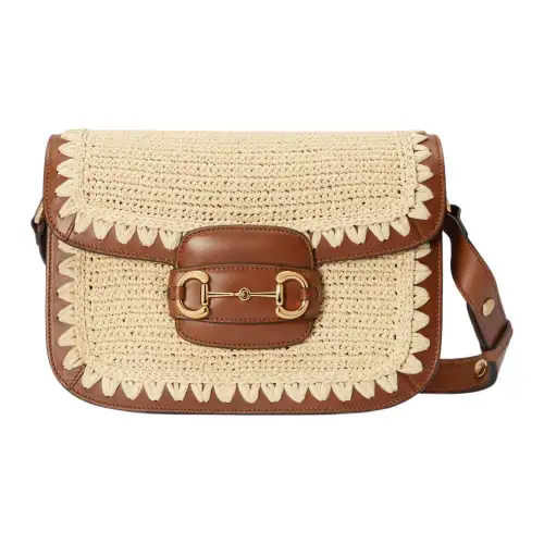 GUCCI Horsebit 1955 Straw Woven Shoulder Bag Women's Brown & Natural