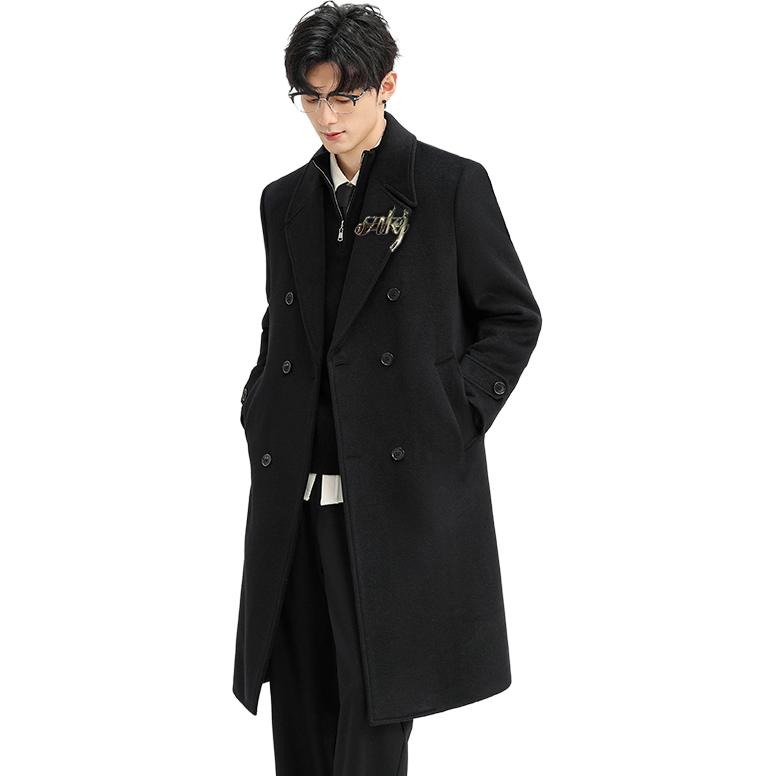 Double-sided keep warm long liner with down, long-sleeve, woolen woolen coat for men and women, American style, mid-length, loose straight fit