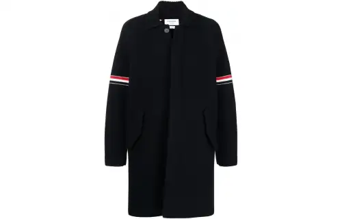 THOM BROWNE Tom Brown FW22 solid color striped single-breasted printed buttoned long-sleeved mid-length coat for men navy blue