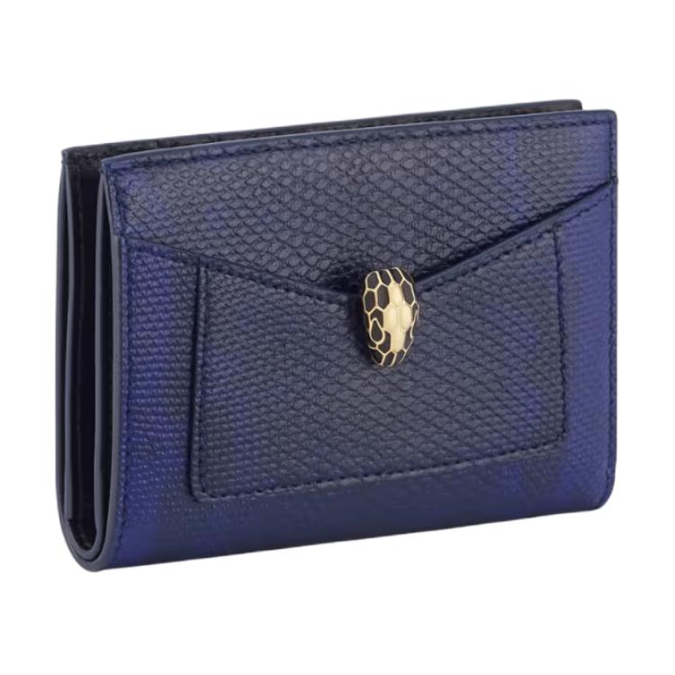 BVLGARI Bvlgari SERPENTI FOREVER series black enamel gold-plated brass scales water snake leather card holder women's navy blue