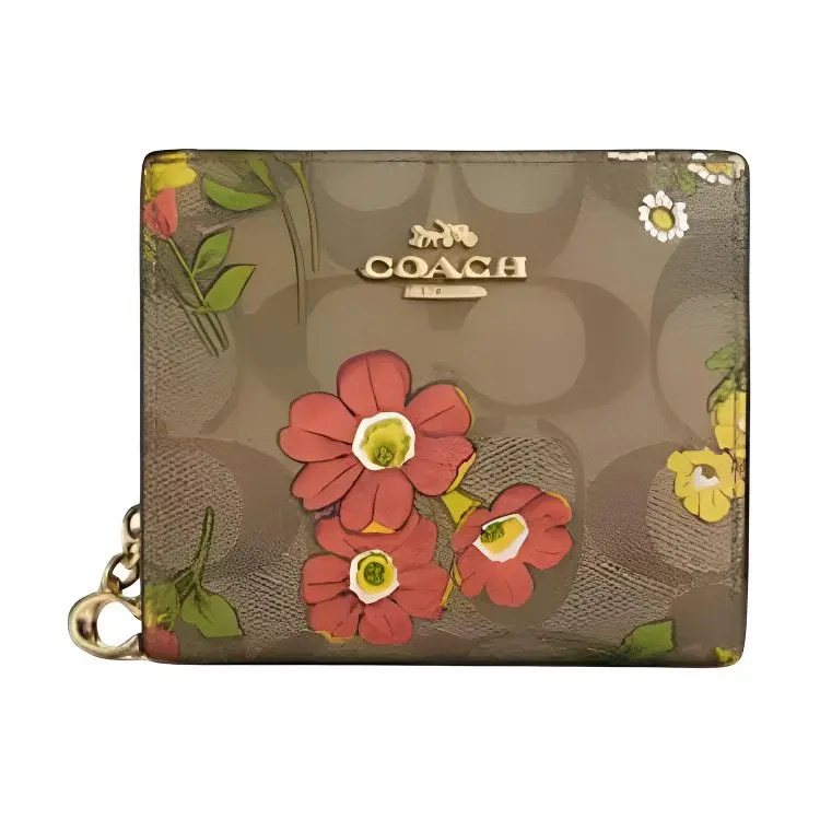 COACH Snap Wallet Iconic Coated Canvas With Smooth Leather Card Holder Regular Women's Gold & Khaki & Multicolor