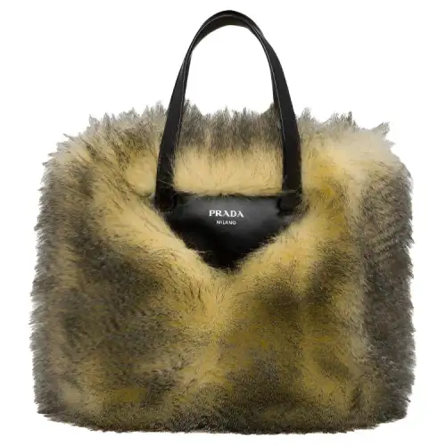 PRADA Luggage Collection Faux Fur Fabric Handbag Women's Light Yellow+Black