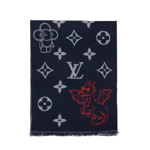 LOUIS VUITTON Patterned Print MNG Sheep Wool Knit Scarves Men's Dark Blue