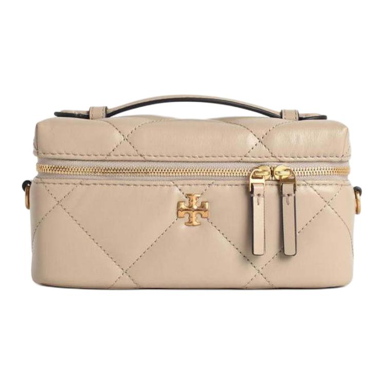 TORY BURCH Kira Logo Diamond Quilted Leather Cosmetic Bag Mini Women's Beige