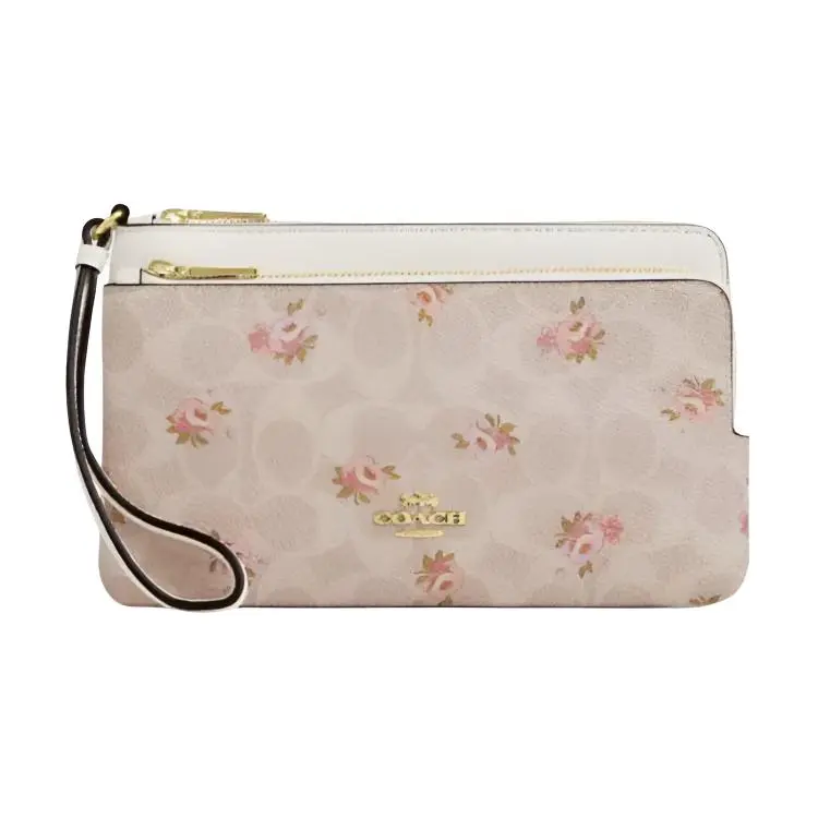 COACH Double Zip Wallet Canvas With Litchi Grain Leather Clutches Women's Gold & Sand