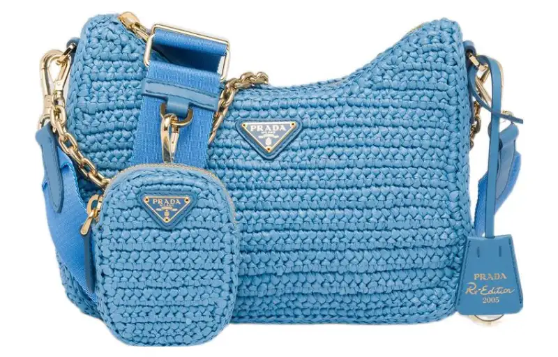 PRADA Re Edition Raffia Fiber Shoulder Bag, Crossbody Bag, Handbag Women's Blue