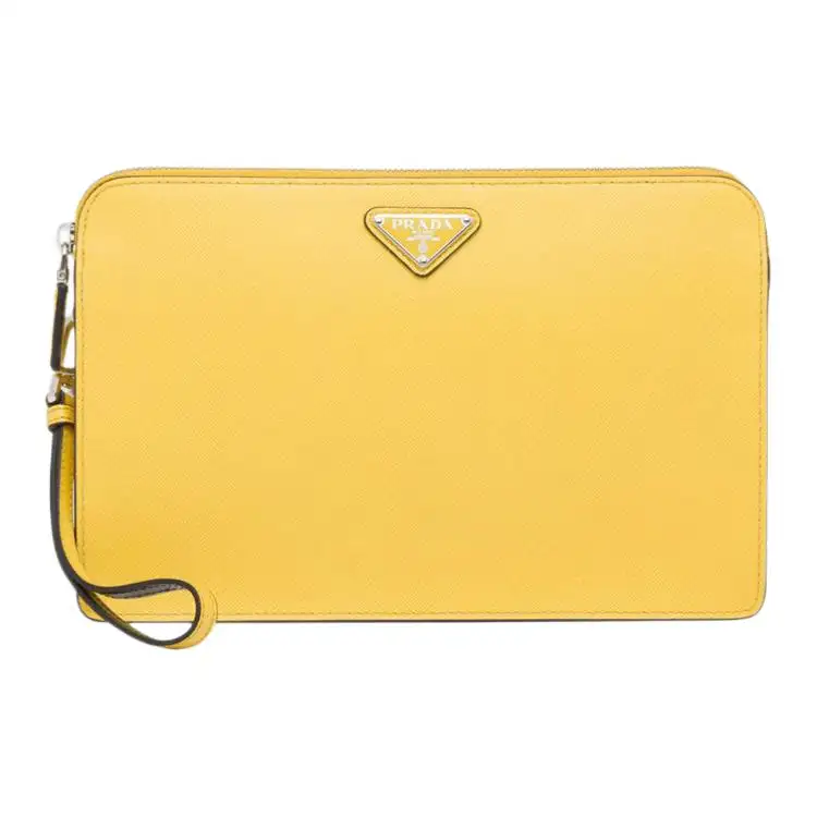 PRADA Saffiano Leather Clutch Men's Bright Yellow