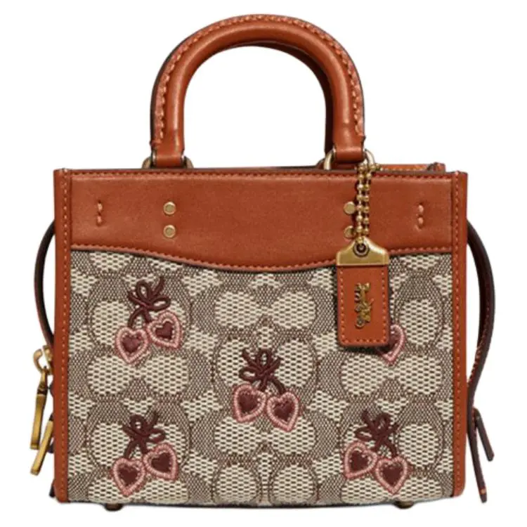 COACH Rogue Embroidery Fabric With Cow Leather Handbag, Shoulder Bag, Crossbody Bag Small Women's Monogram Brown