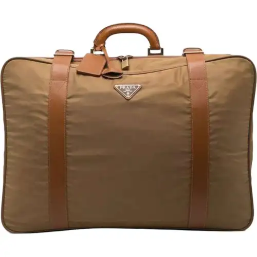 PRADA Stitching Leather Travel Bag Unisex Beige/Brown