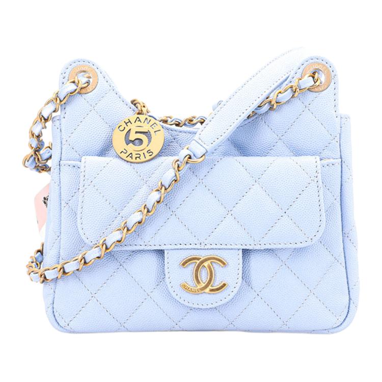 CHANEL Chanel 23P spring and summer HOBO rhombus design leather chain pebbled grain embossed cow leather Hobo hobo bag shoulder crossbody bag women's sky blue