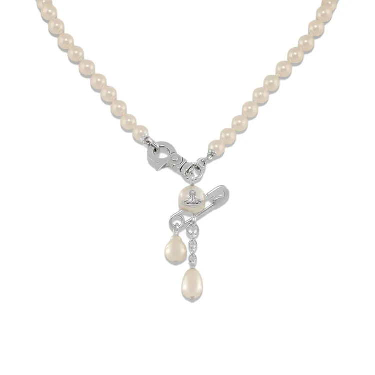 Vivienne Westwood Glass Brass Irregular Pearl Design Saturn Pendant Necklace Women's Silver