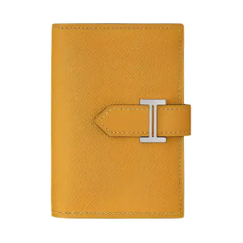 HERMES Bearn Gold tone Lock Calfskin Card Holder Women's Ginger Yellow