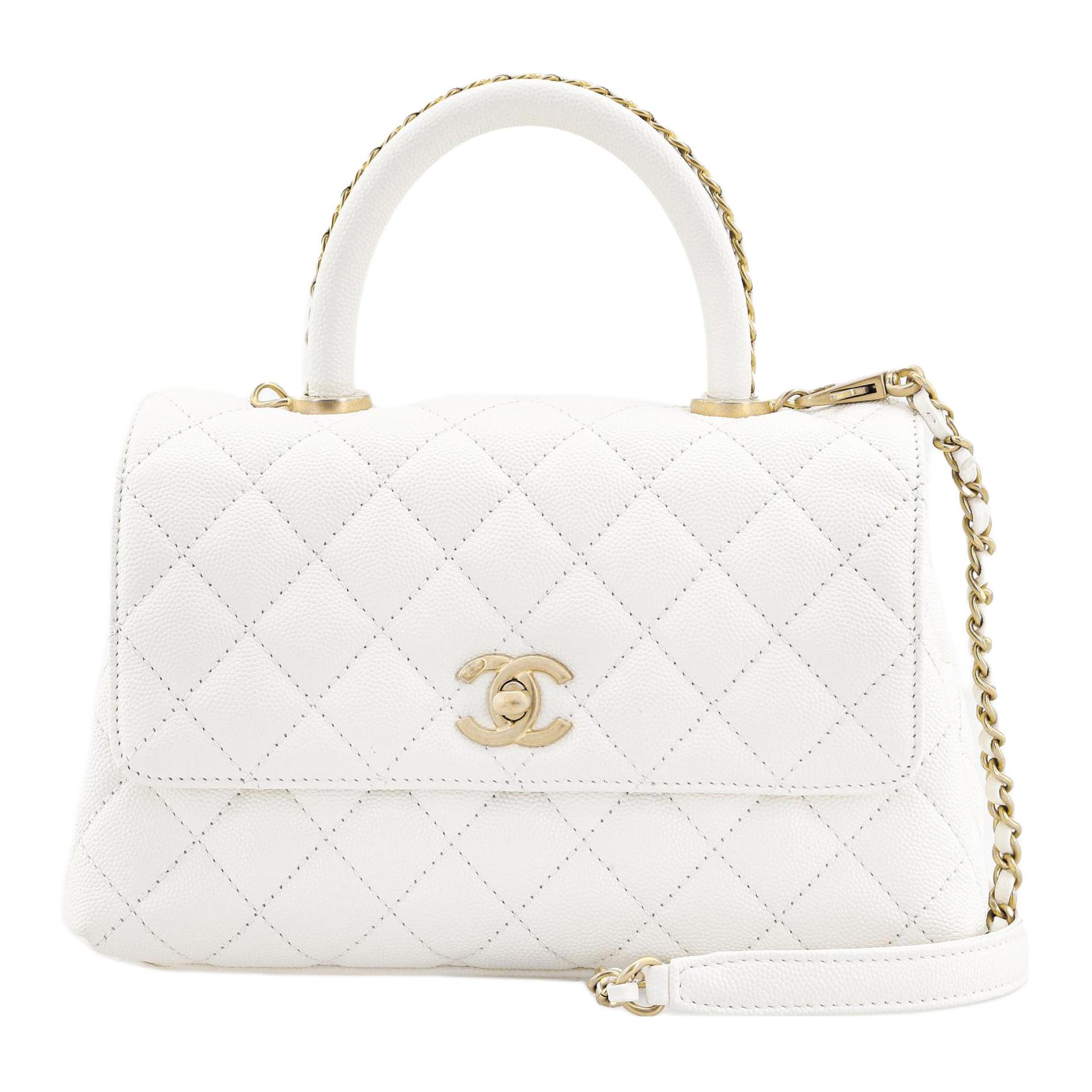 CHANEL Chanel Coco Handle flap diamond leather chain imitation lizard pattern handle cowhide hand-held shoulder crossbody bag small size women's white