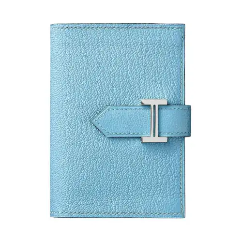 HERMES Bearn Silver Tone Buckle Sheepskin Card Holder Women's Sky Blue