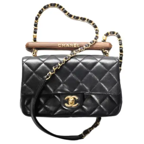 CHANEL Lambskin With Wooden Inlay Flap Bag, Crossbody Bag, Shoulder Bag Women's Black