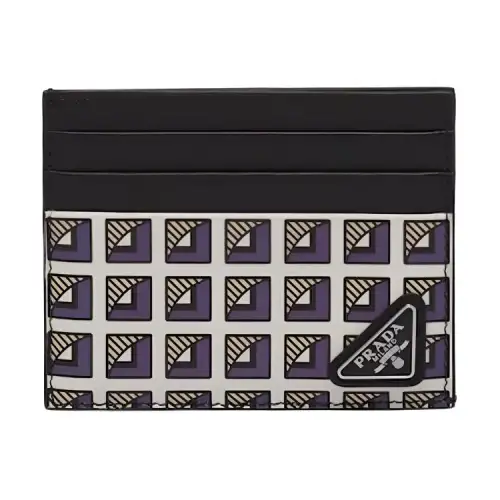 PRADA Leather Card Holder Men's Black & Blue & White & Yellow