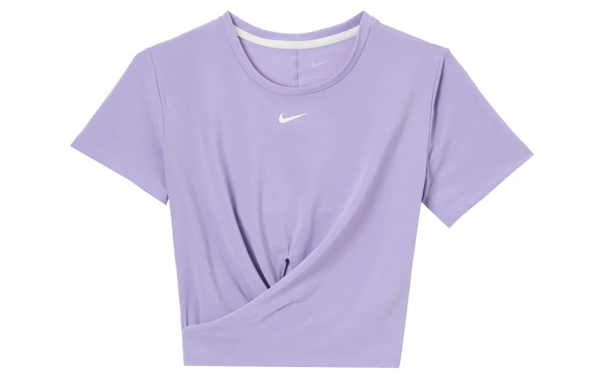 Nike Dri-FIT One Luxe Logo Crewneck Twist-Front Pullover T-Shirt Purple