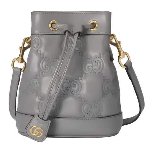 GUCCI GG Matelassé Leather Bucket Bag, Shoulder Bag, Crossbody Bag Mini Women's Gray