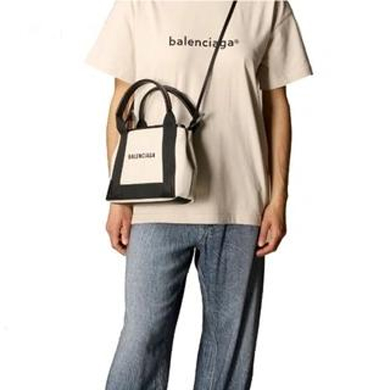 Женская сумка Balenciaga Navy Logo Tote (черно-бежевая) — фото 6