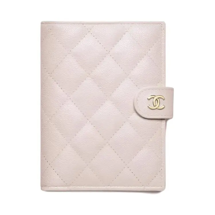 CHANEL Shiny Grain Calfskin & Gold Metal Passport Holder Regular Women's Light Pink Red