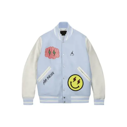 Jordan Cartoon baseball patch, azure jacket with a round collar