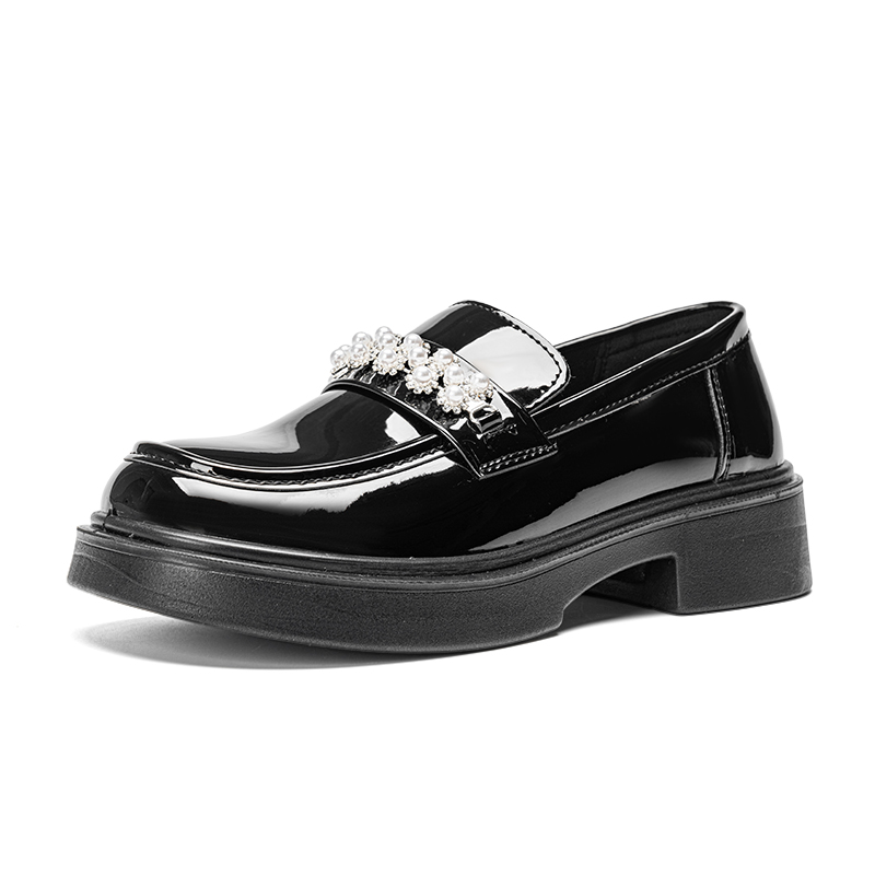 Warrior leather shoes, fashionable British JK casual college style, comfortable thick soles, pearl single shoes, loafers, 4.5cm, women