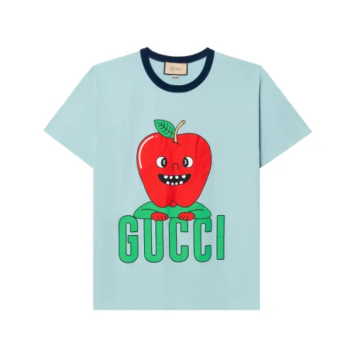 Gucc SS24 Apple Print Cotton T-Shirt Light Blue