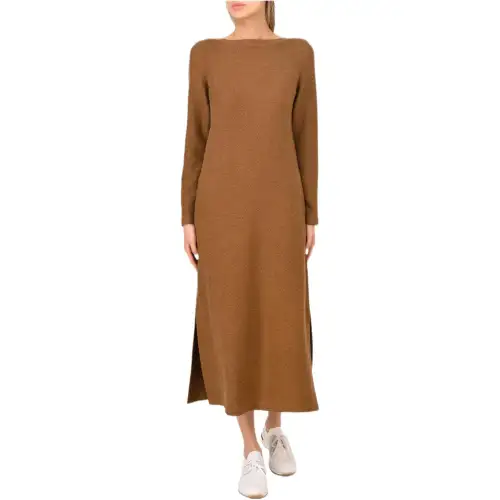 Loro Piana Long Sleeved Dresses Women's Brown Crew Neck Moderate Mid Length