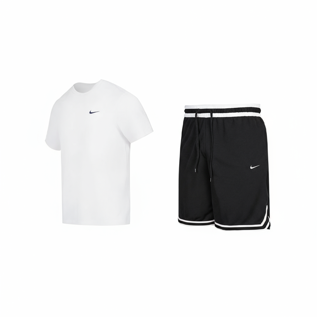 Nike Casual Sportswear Men’s White T Shirt+Black Shorts Crew Neck Moderate
