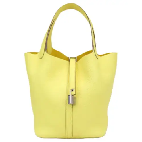 HERMES Picotin Lock Clemence Bullock Leather Basket Bag, Bucket Bag, Handbag 22 Women's 9R Lime Lemon