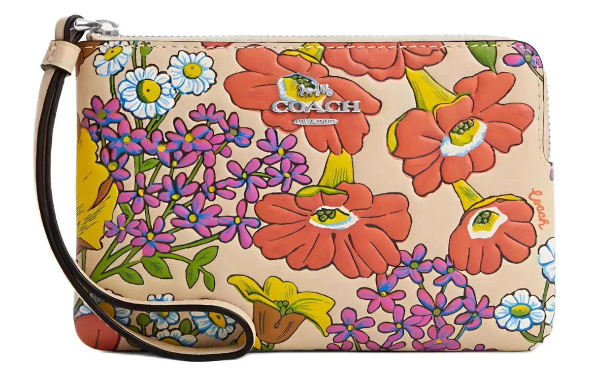 COACH Corner Zip Leather Clutch Small Women's Silver With Ivory Multicolor